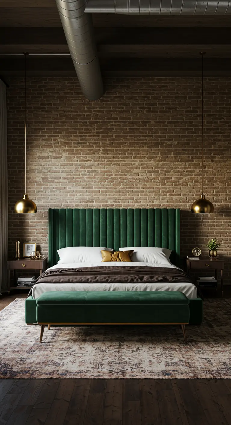 Dormitorio con pared de ladrillo, cama de terciopelo verde y detalles en latón