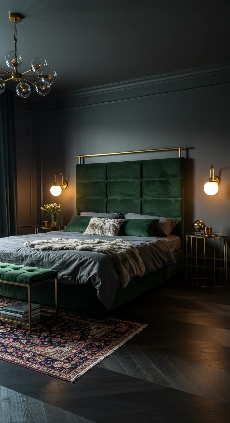 Cabecero alto de terciopelo verde oscuro con diseño de paneles en un dormitorio elegante y moderno