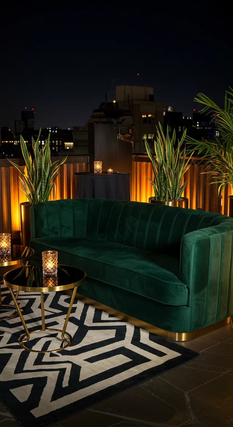 Sofá curvo de terciopelo verde esmeralda en una azotea con mesas auxiliares doradas y una alfombra geométrica.