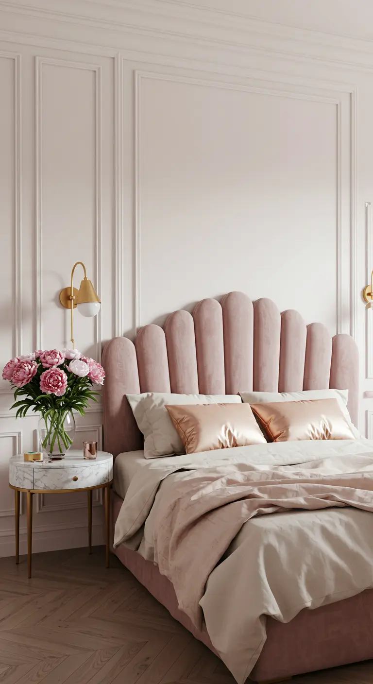 Dormitorio chic con cabecero de terciopelo rosa, mesita de mármol y apliques dorados