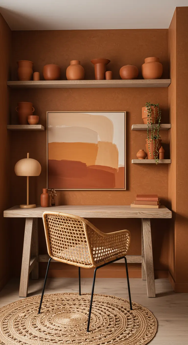 Oficina en casa en tonos terracota con silla de ratán y cerámica artesanal.