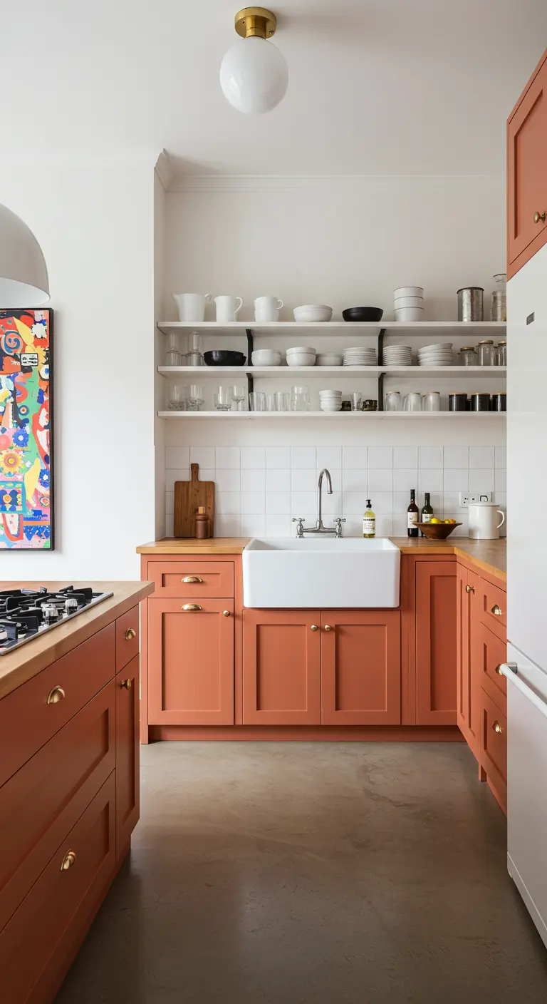 Cocina farmhouse con armarios color terracota, estanterías abiertas y una obra de arte colorida