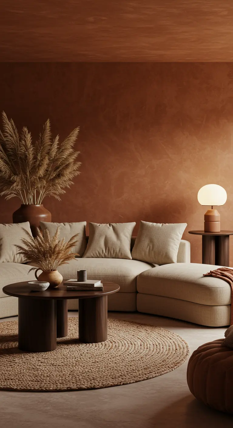 Sala de estar en tonos tierra con paredes de terracota y sofá beige.
