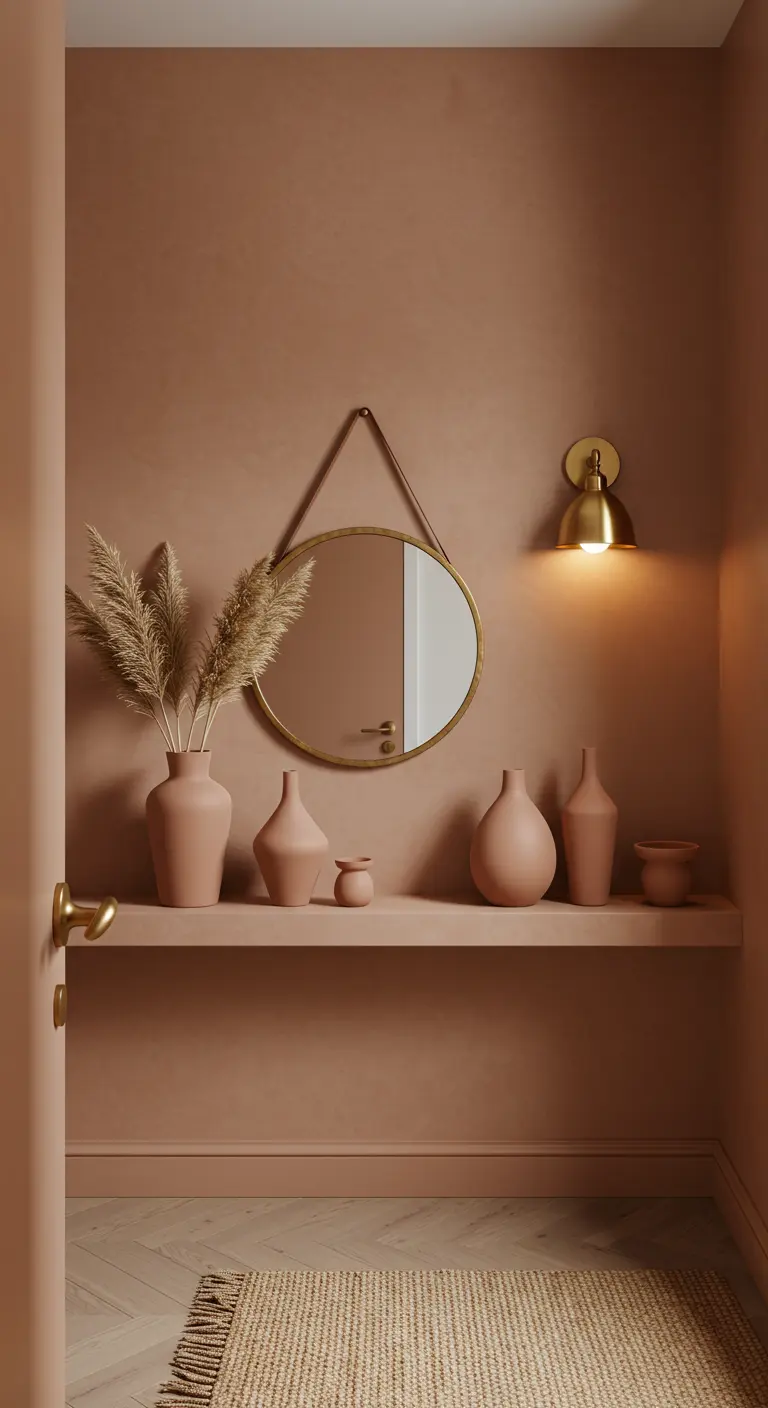Rincón de entrada monocromático en tono terracota con estante flotante y espejo redondo.