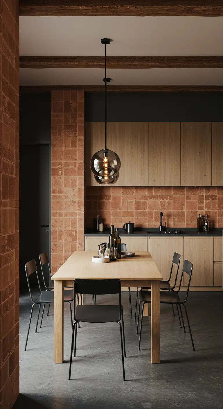 Cocina y comedor modernos con paredes de baldosas de terracota, muebles de madera y detalles negros.