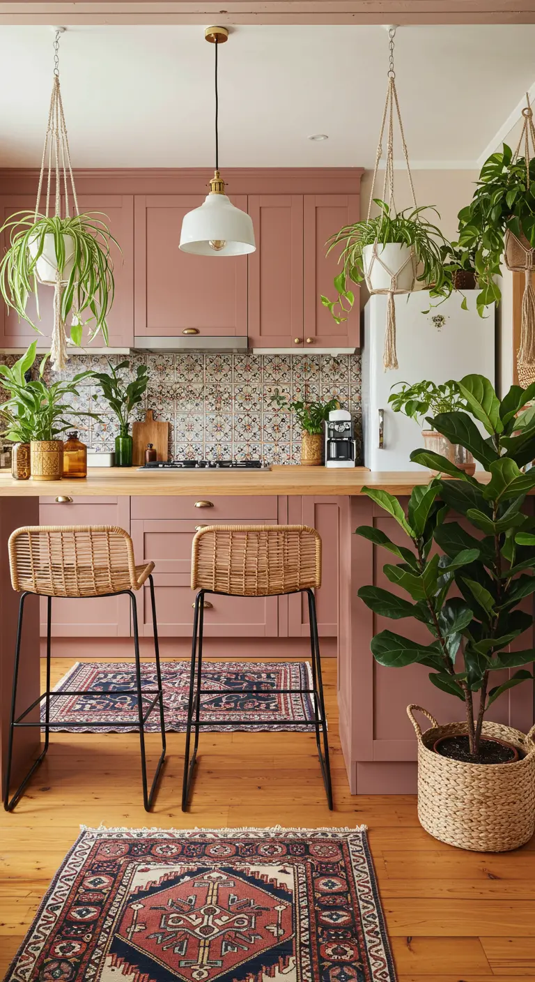 Cocina boho con armarios rosa terracota, plantas colgantes en macramé y taburetes de mimbre.