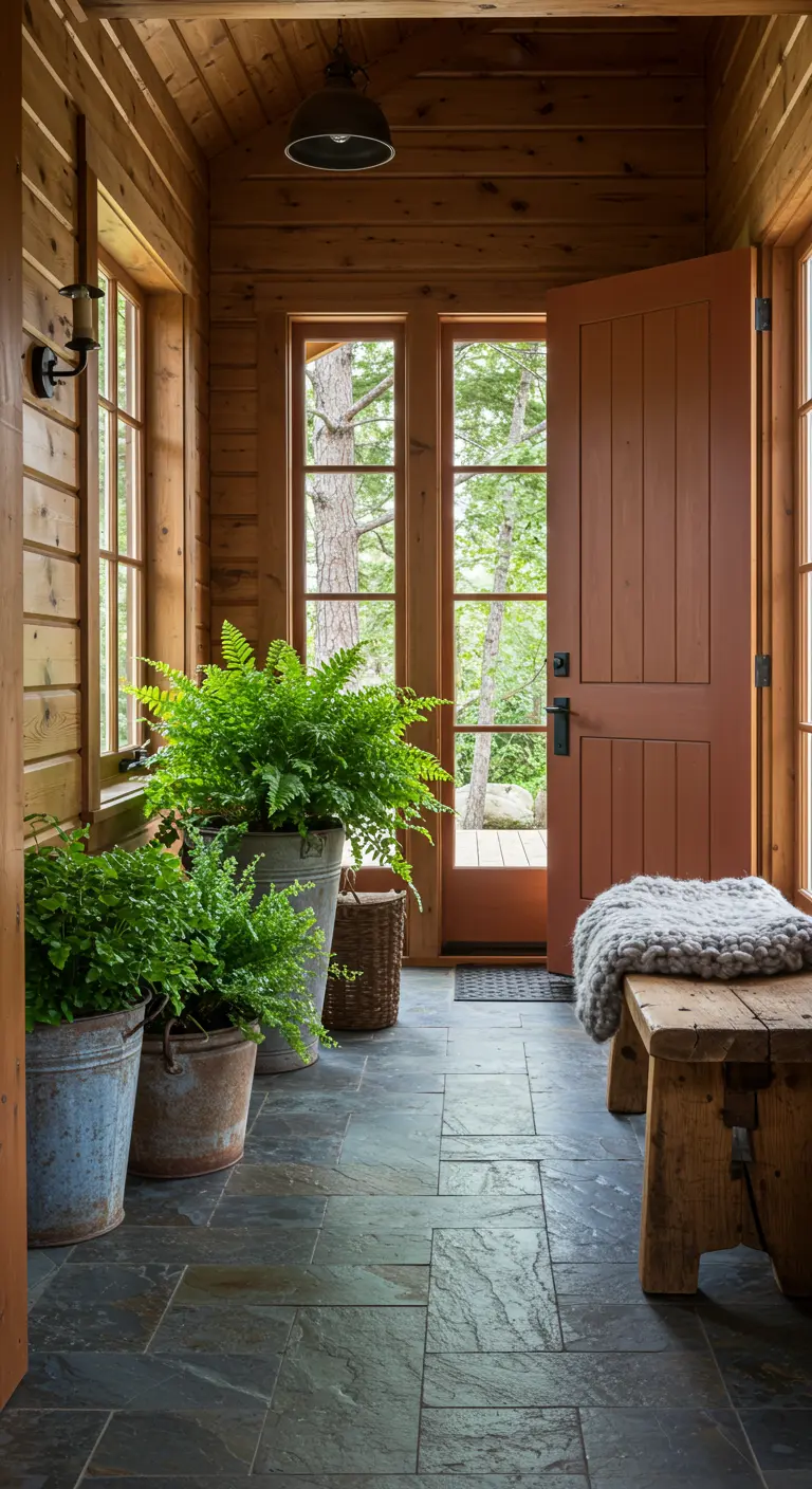 Recibidor rústico con puerta de color teja, paredes de madera y helechos en cubos metálicos.