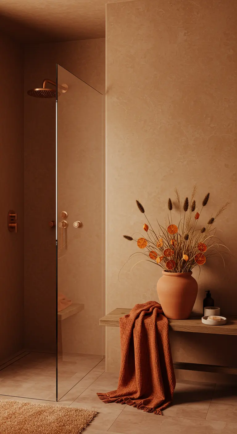 Baño monocromático en tonos terracota con un arreglo de flores secas y una manta.