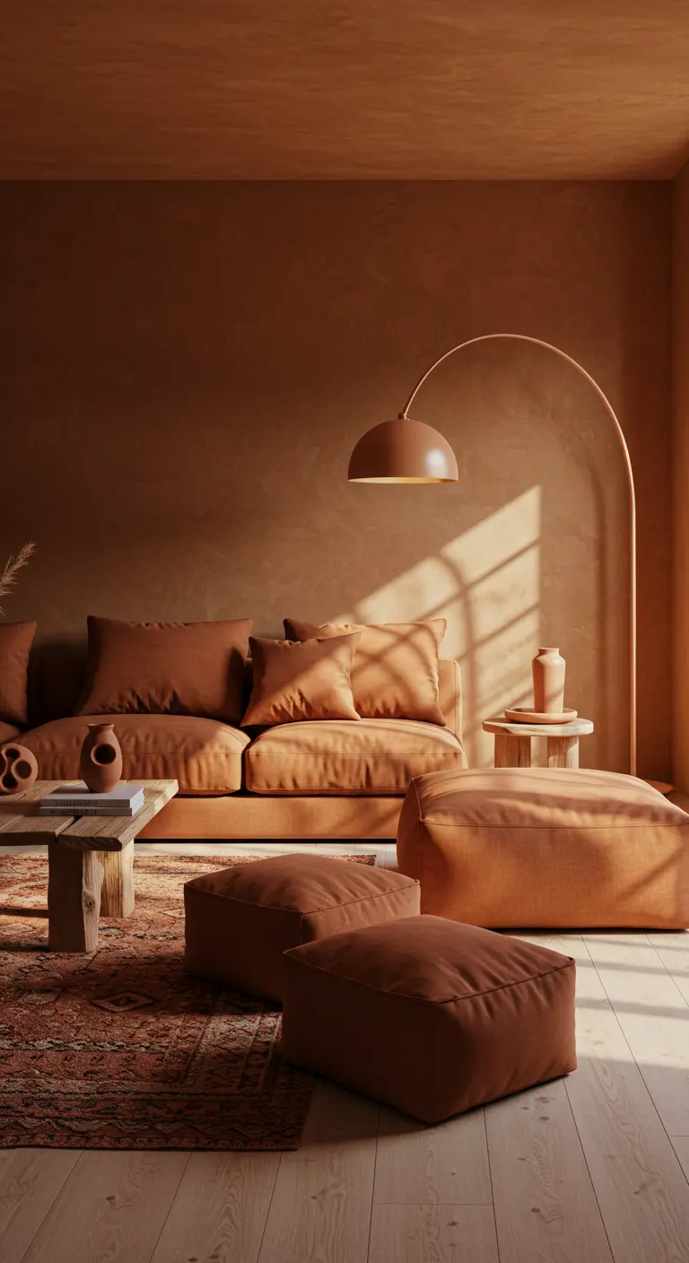Sala de estar monocromática en tonos terracota con sofá de lino y paredes texturizadas.