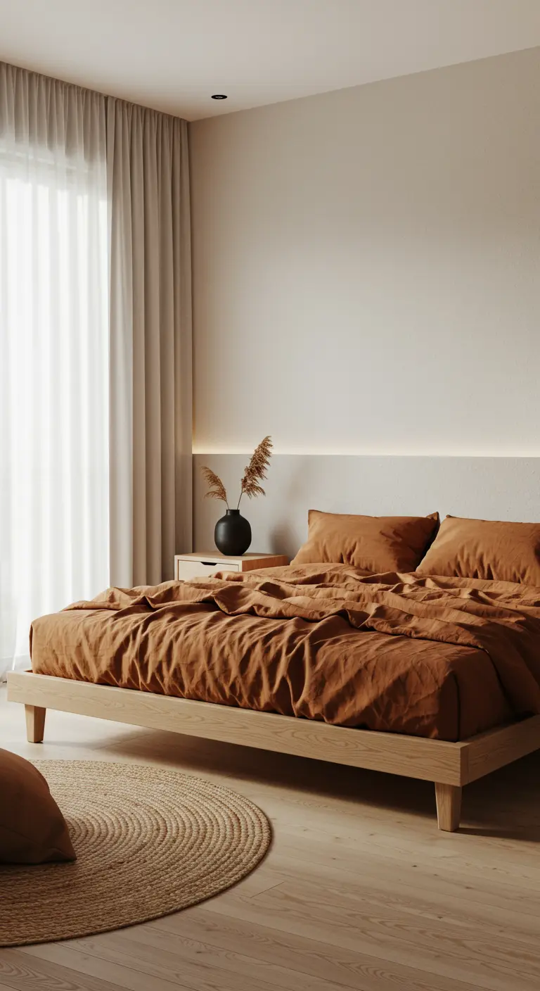 Dormitorio minimalista con paredes beige, cama de madera clara y ropa de cama color terracota.