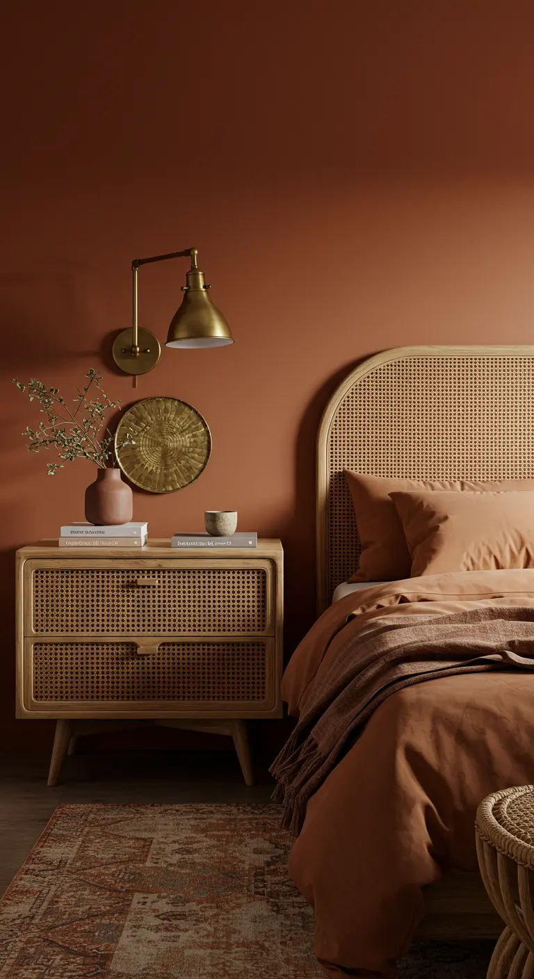 Dormitorio con paredes terracota, muebles de ratán y lámpara de pared de latón.