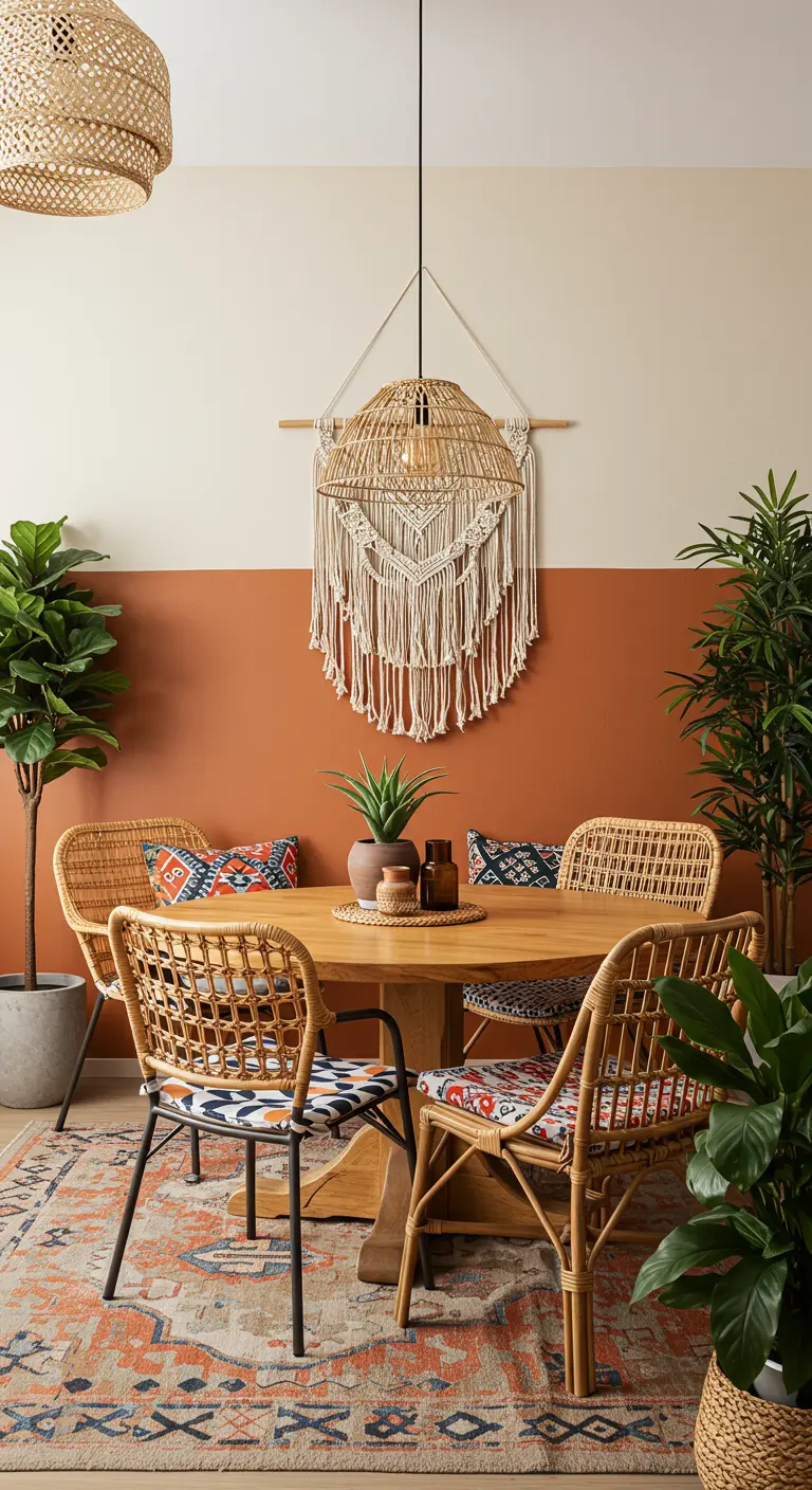 Comedor bohemio con pared pintada en terracota y blanco, sillas de mimbre y tapiz de macramé.