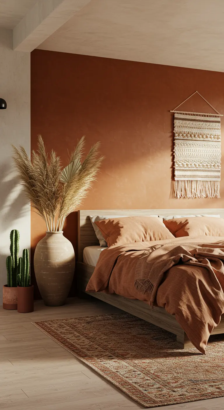 Dormitorio con pared de acento en color terracota, hierba de la pampa y tapiz de macramé