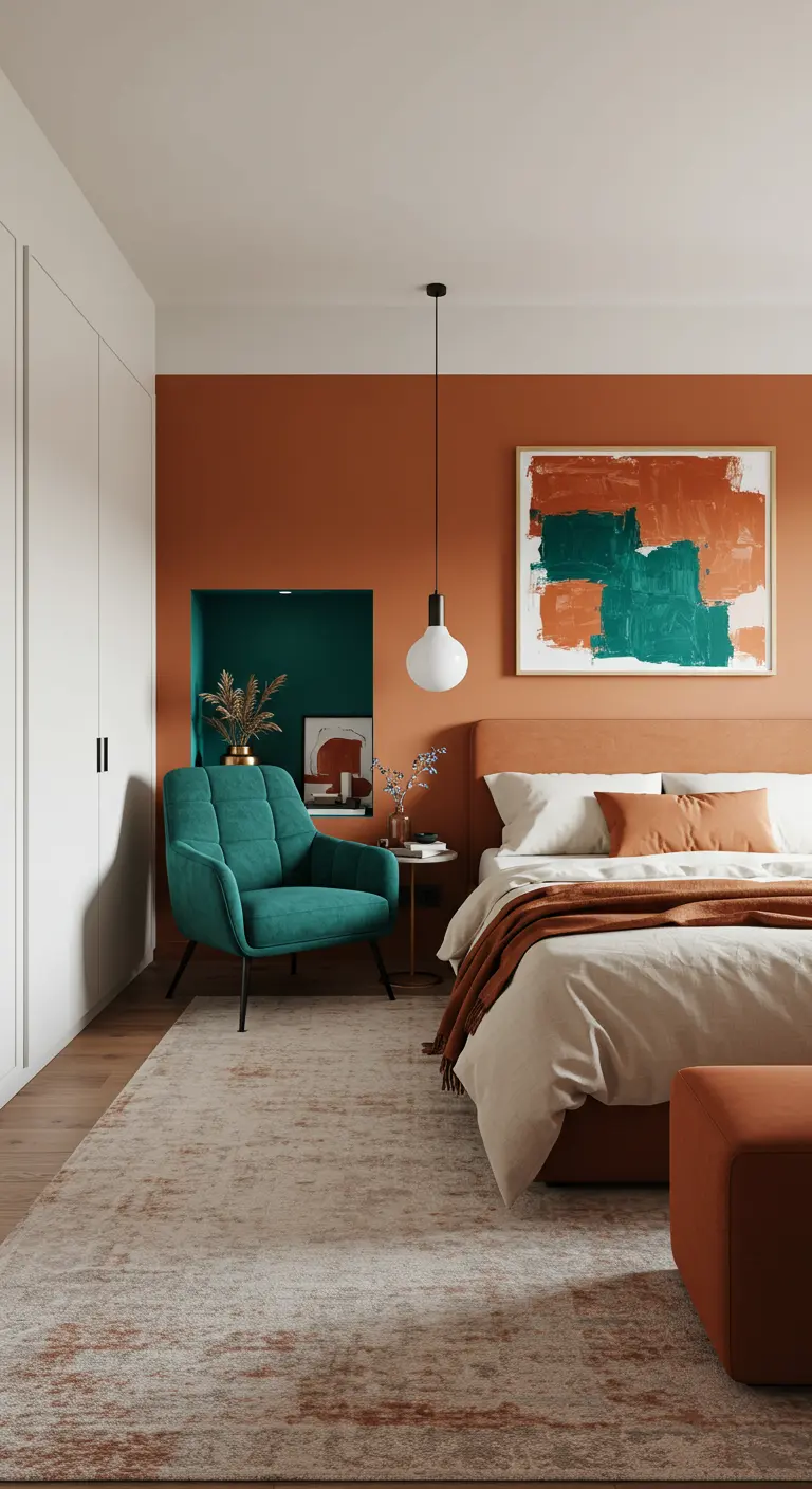 Dormitorio con pared terracota, sillón de terciopelo verde azulado y cama con textiles neutros.