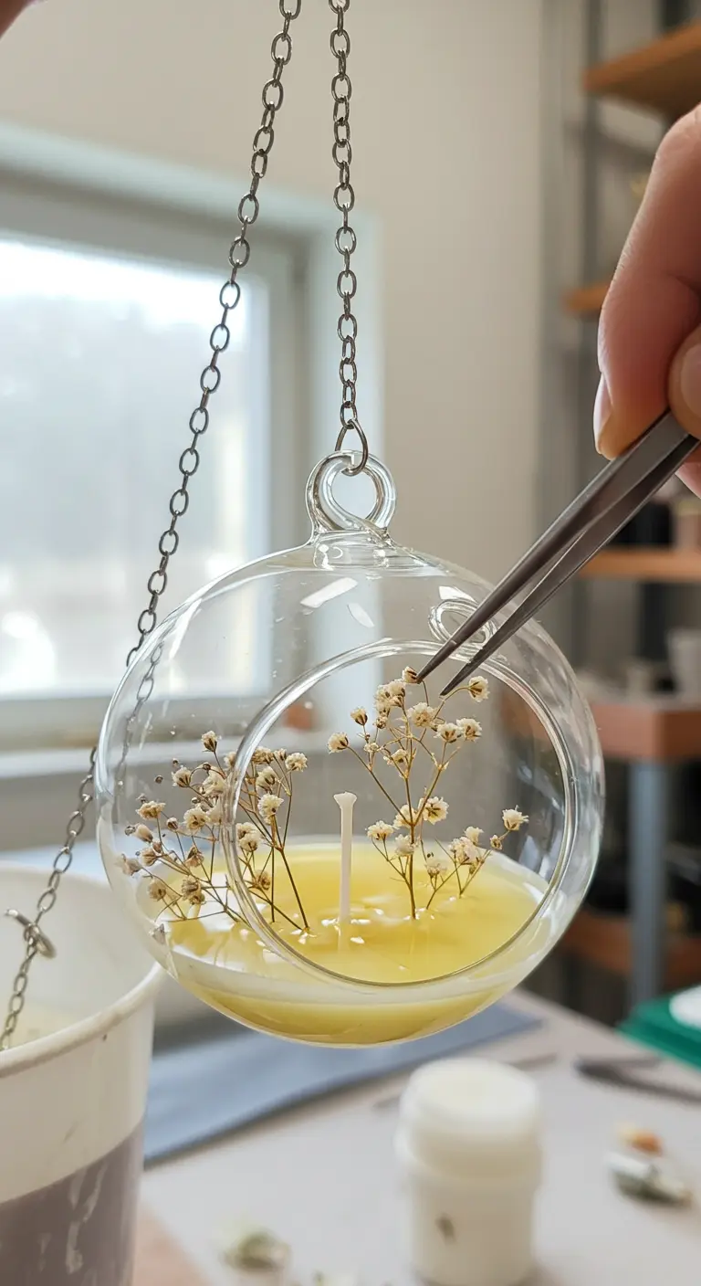 Creando una vela en un terrario de cristal colgante.