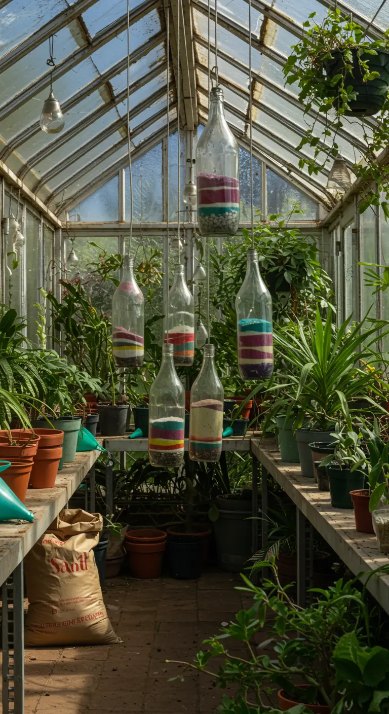 Botellas de vidrio colgantes rellenas con capas de arena de colores en un invernadero luminoso.