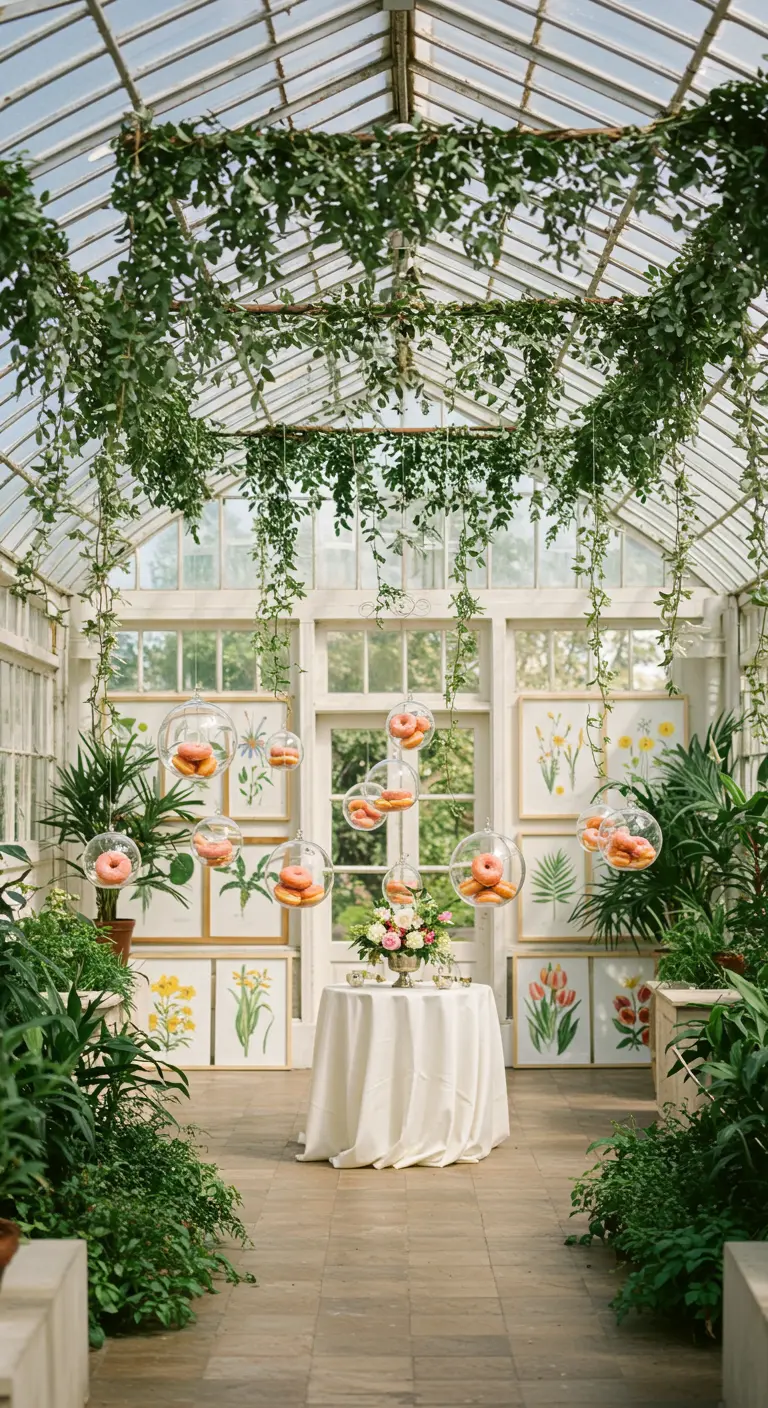 Donuts dentro de esferas de cristal colgantes en un invernadero lleno de plantas.