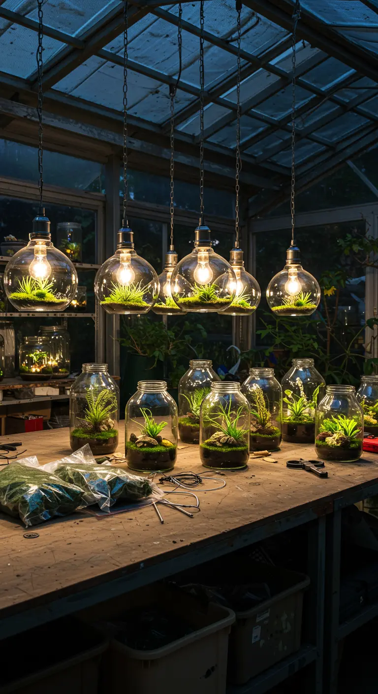Lámparas colgantes hechas con grandes frascos de vidrio convertidos en terrarios iluminados desde dentro.