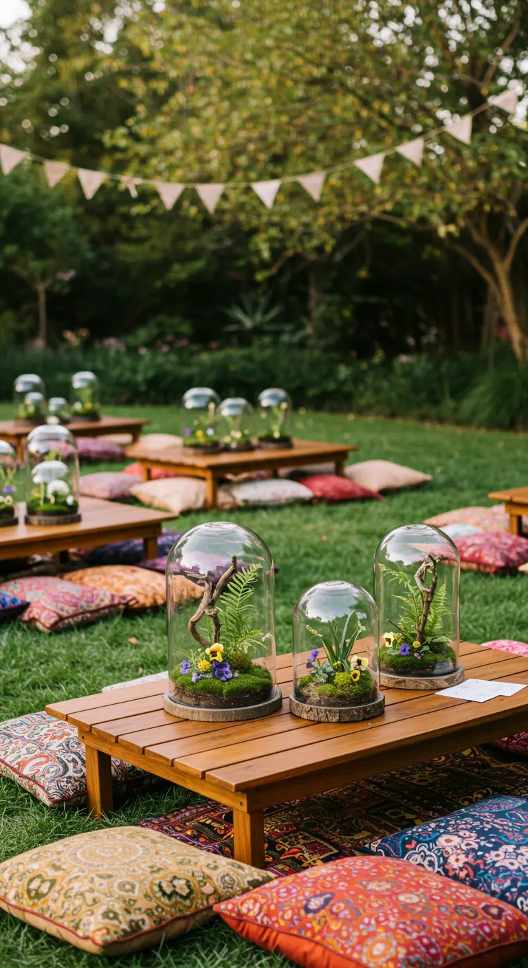 Picnic bohemio con mesas bajas de madera, cojines y centros de mesa de terrarios.
