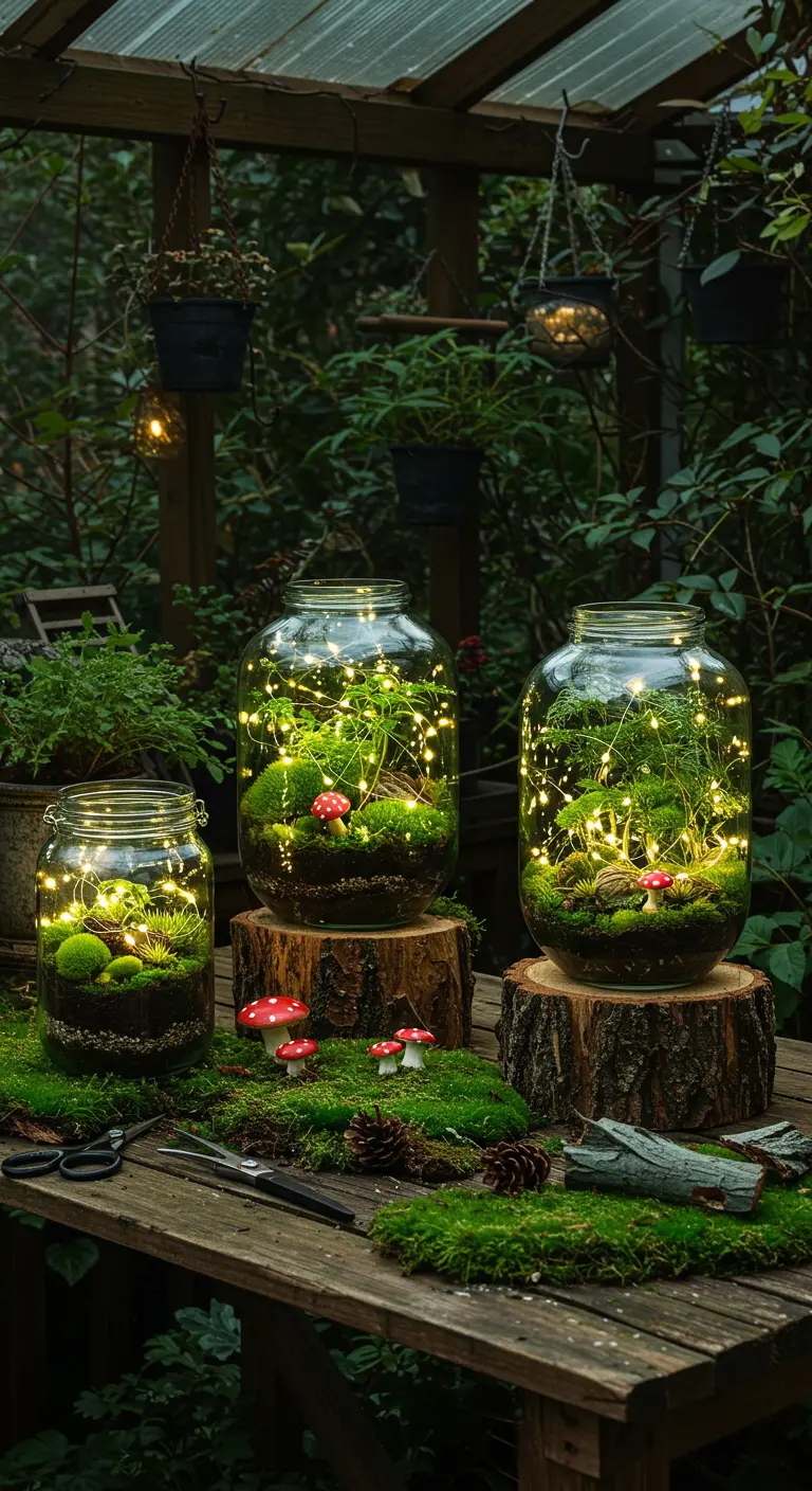 Terrarios en frascos de distintos tamaños con musgo, setas y luces de hadas creando un bosque mágico.