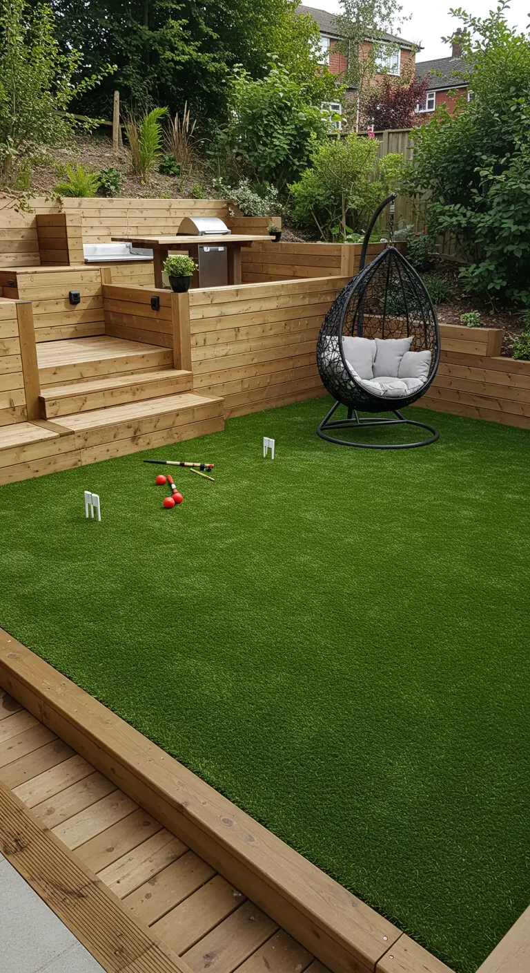 Patio en diferentes niveles con estructuras de madera, césped artificial y un columpio colgante negro.