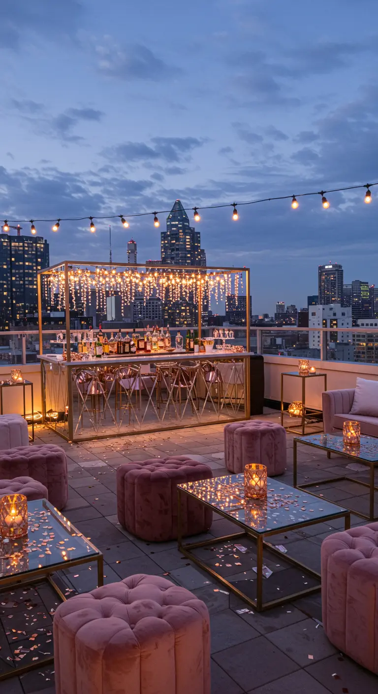 Bar en una azotea con luces colgantes, pufs de terciopelo rosa y mesas de espejo.