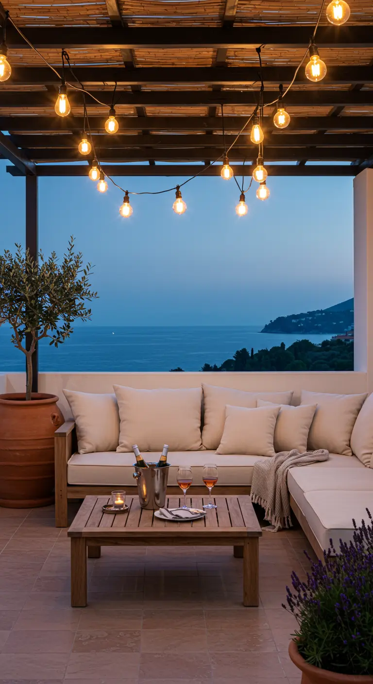 Amplia terraza con sofá esquinero beige, vistas al mar y guirnaldas de bombillas grandes.