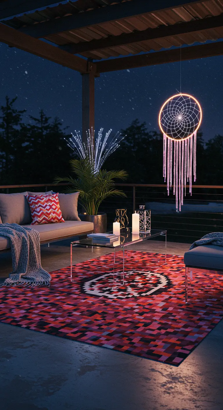 Terraza moderna de noche con un atrapasueños iluminado con LED y una alfombra de patrón pixelado