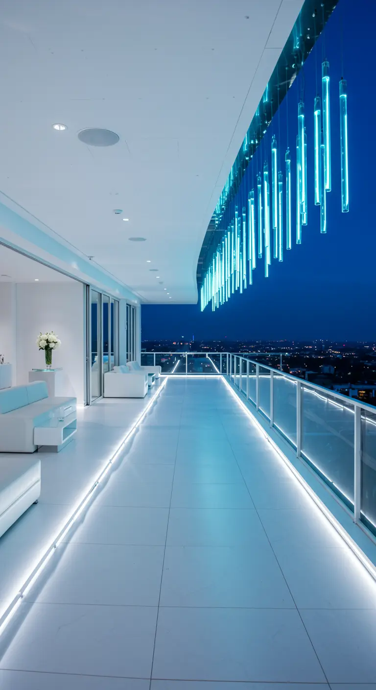 Terraza minimalista blanca con suelo iluminado y una lámpara de techo con tubos de luz azul