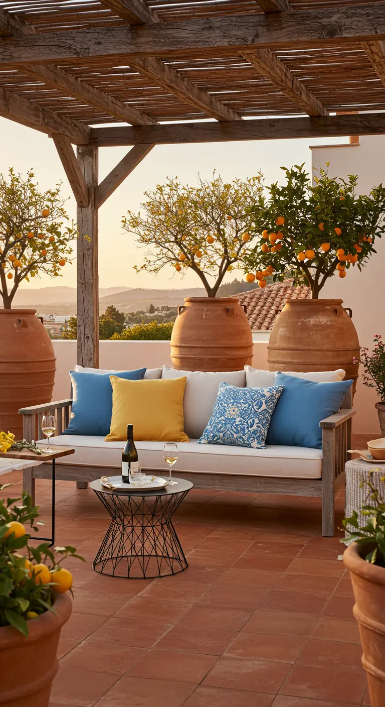 Terraza mediterránea con pérgola, sofá y naranjos en grandes macetas.