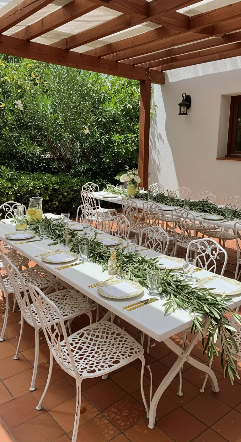Mesa larga blanca en una terraza bajo una pérgola, decorada con una guirnalda de hojas de olivo.