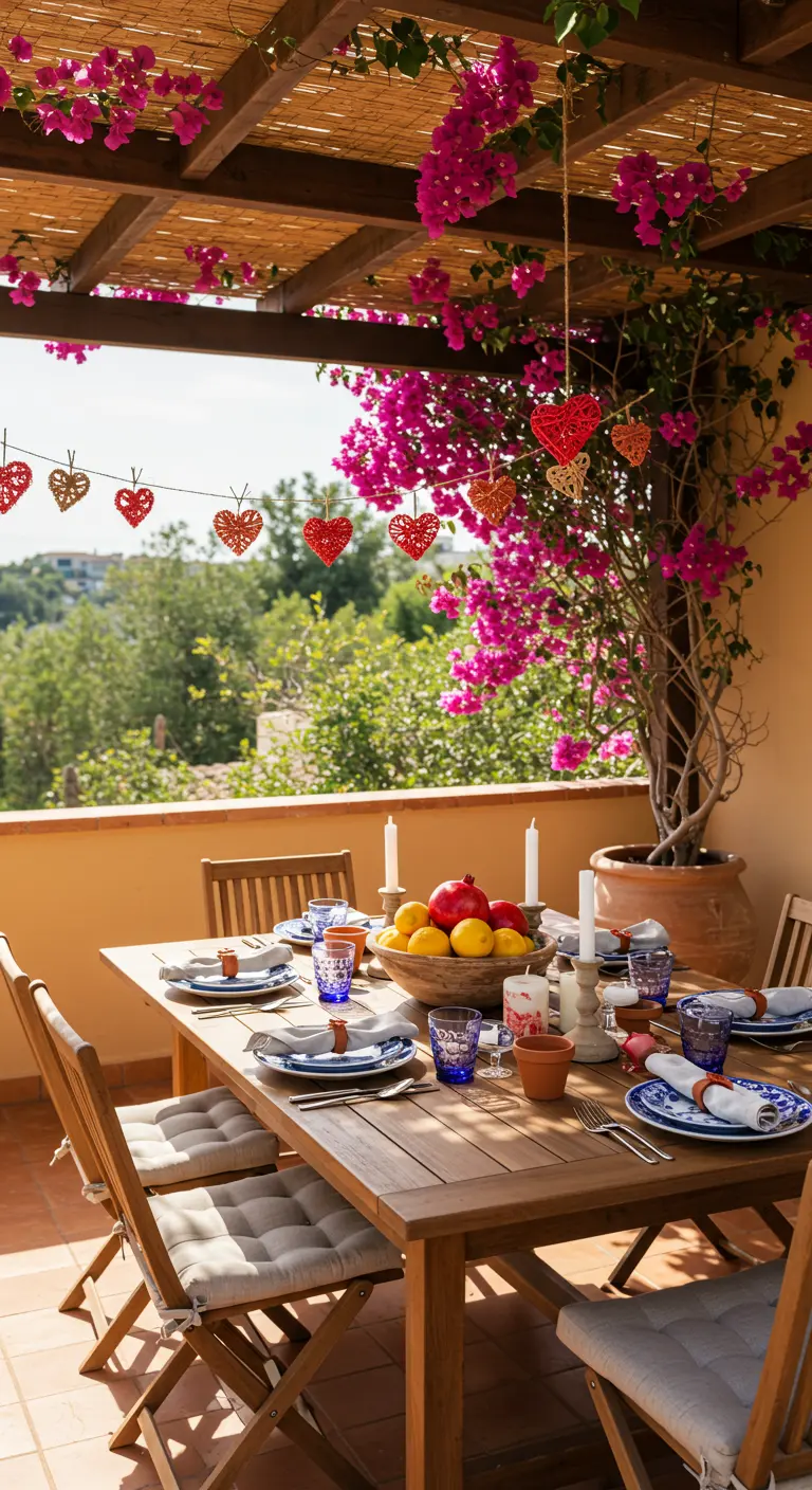 Mesa de comedor en una terraza soleada bajo una pérgola con buganvillas y corazones.