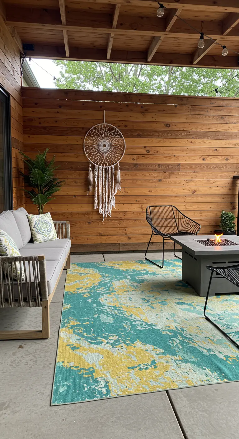 Terraza moderna con pared de madera, un gran atrapasueños y una llamativa alfombra turquesa y amarilla