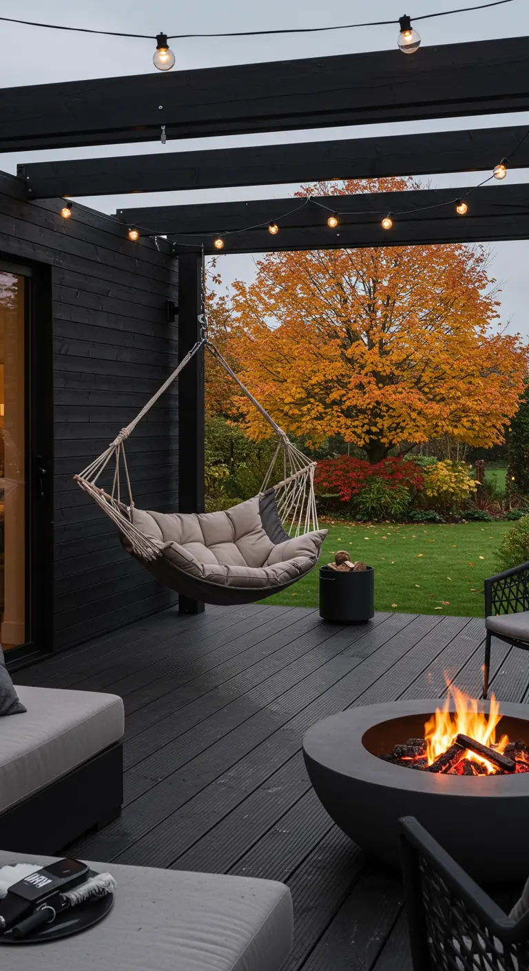 Terraza moderna con revestimiento negro, silla hamaca colgante y fogón.