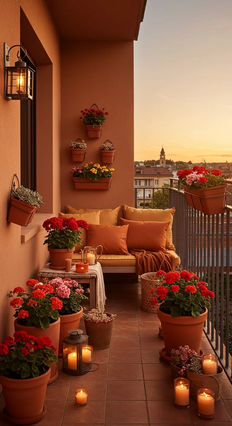 Balcón con paredes y suelo de terracota, sofá con cojines cálidos y muchas macetas con flores.