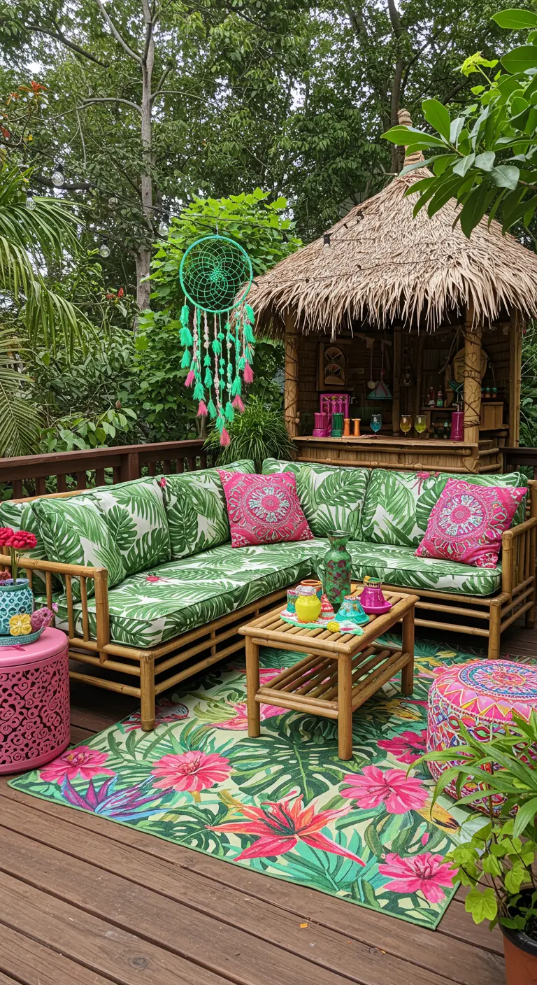 Terraza de estilo tropical con bar de paja, sofás de bambú y textiles con estampado de hojas y flores