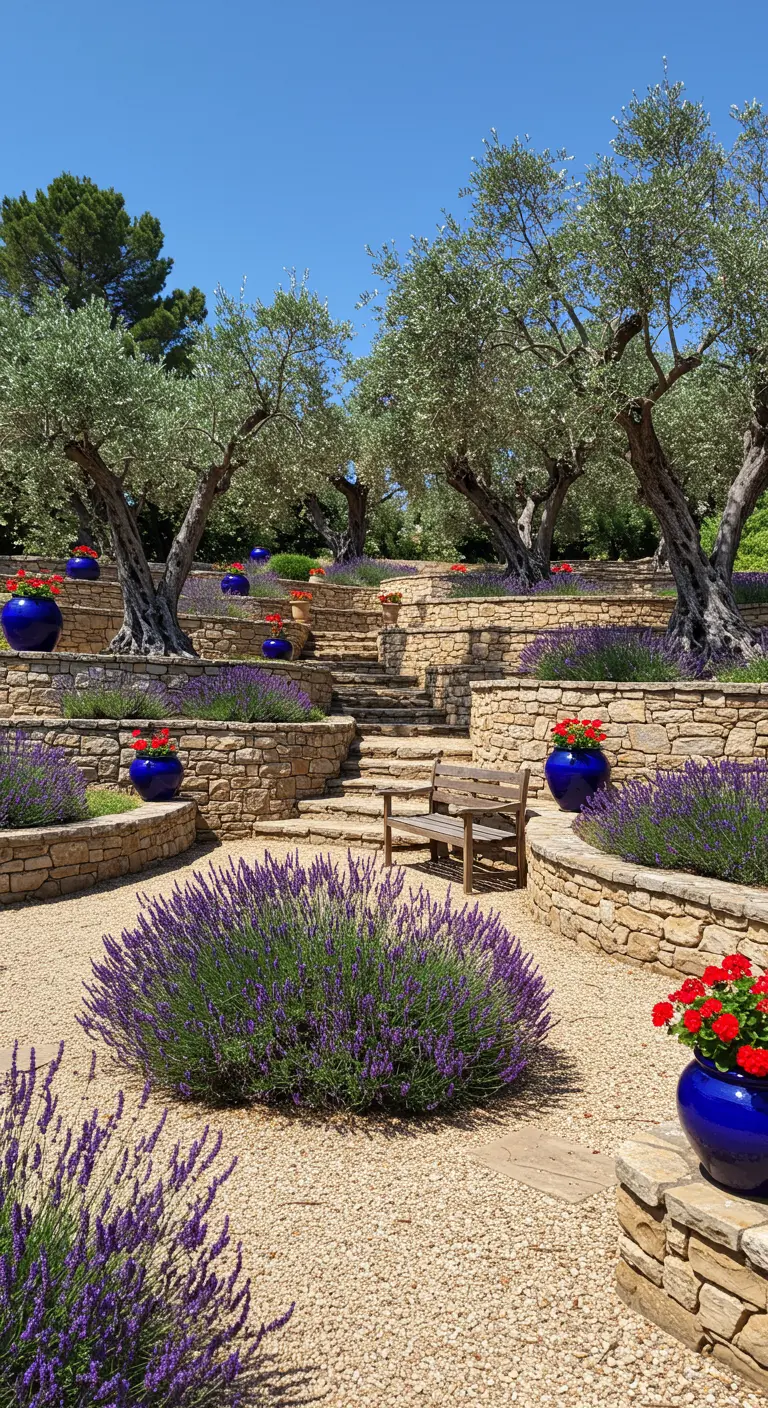 Jardín mediterráneo en terrazas con muros de piedra, olivos, lavanda y macetas azules