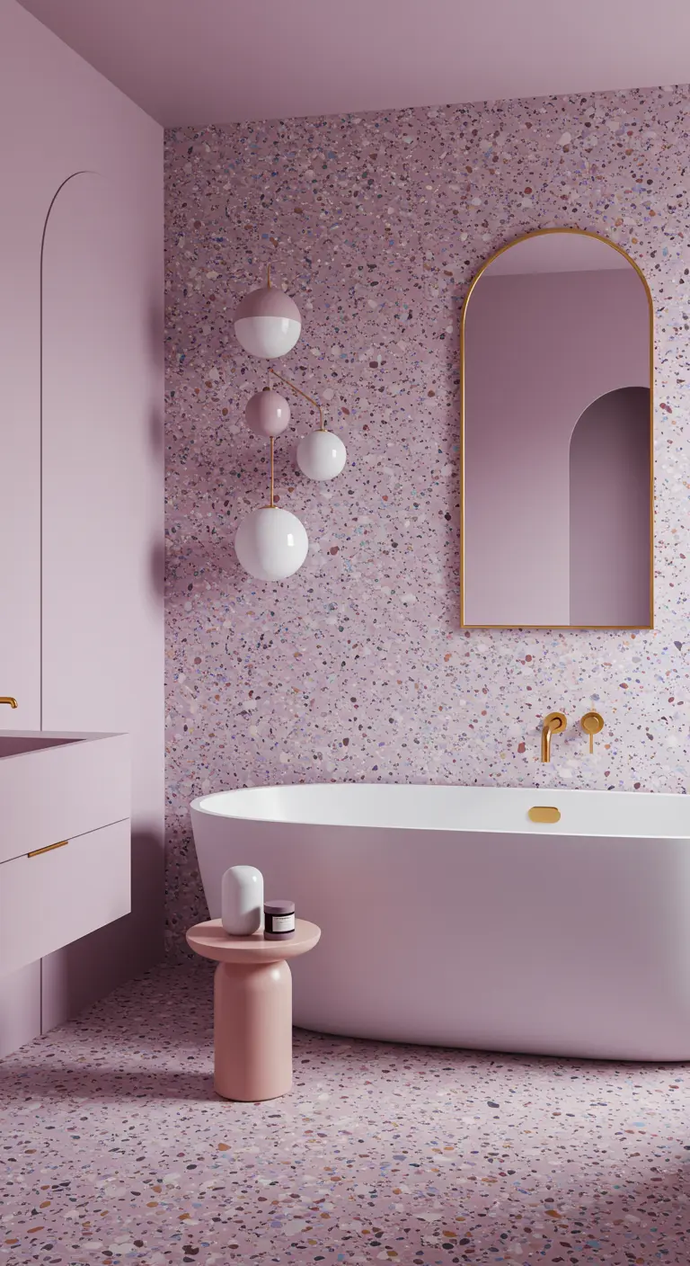 Baño moderno con paredes y suelo de terrazo en tonos lilas y un espejo arqueado