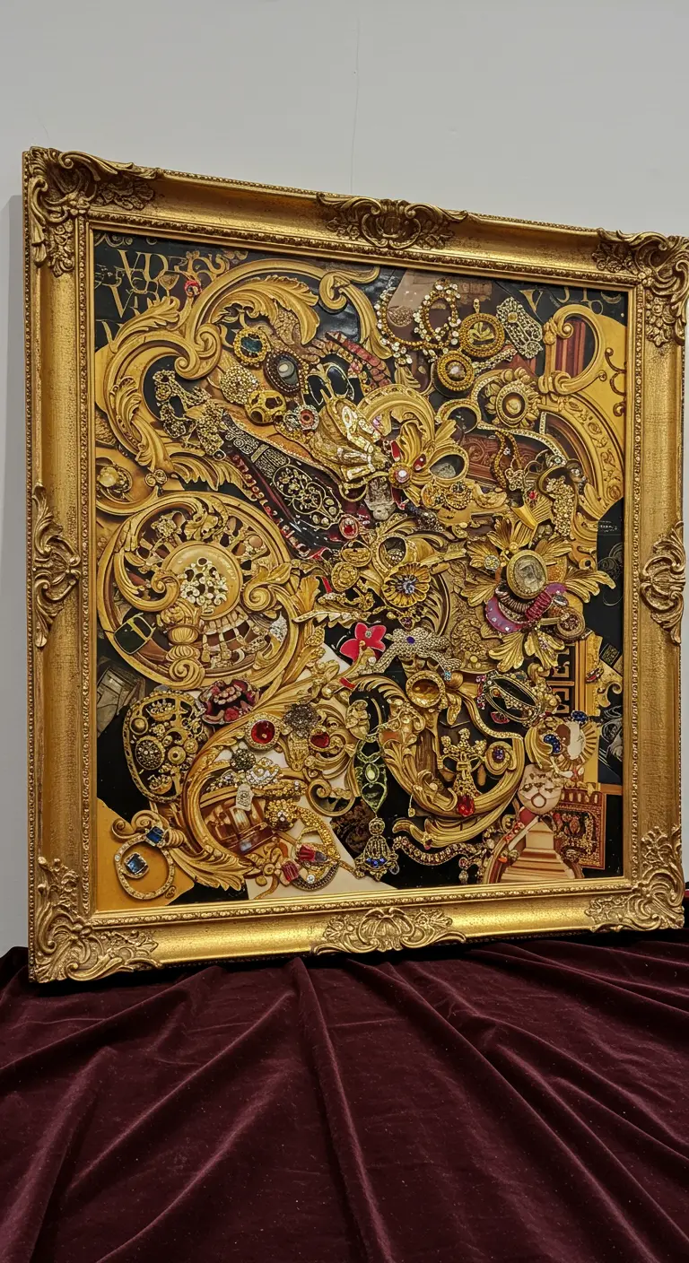 Collage barroco y opulento lleno de recortes dorados y joyas, en un gran marco dorado.