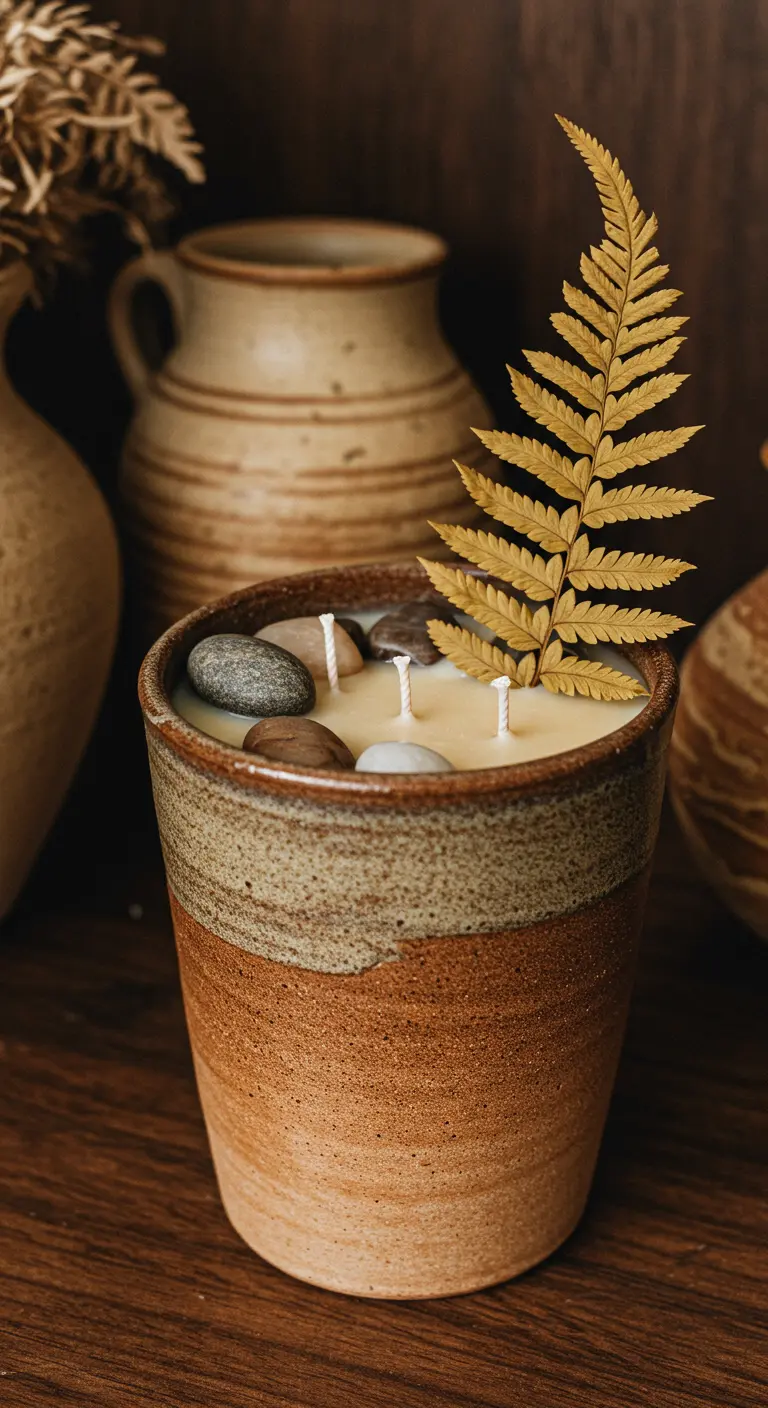 Vela en una taza de cerámica rústica, decorada con piedras y una hoja de helecho seca