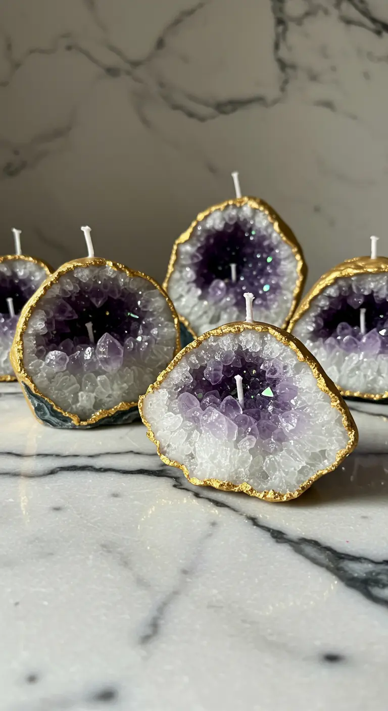 Pequeñas velas que imitan geodas de amatista con los bordes pintados de dorado.