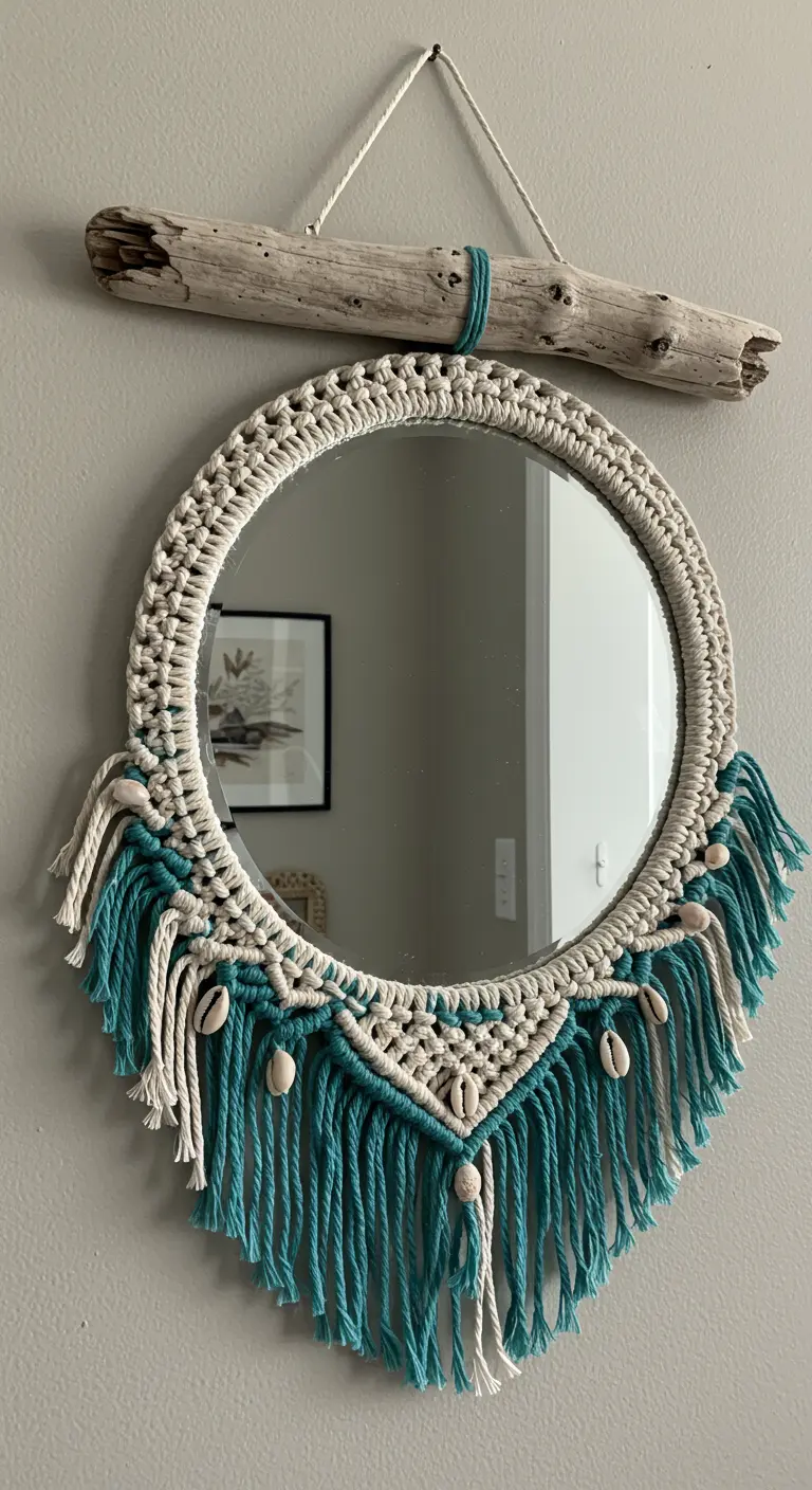 Espejo de macramé colgado de una rama, con detalles en turquesa y conchas.