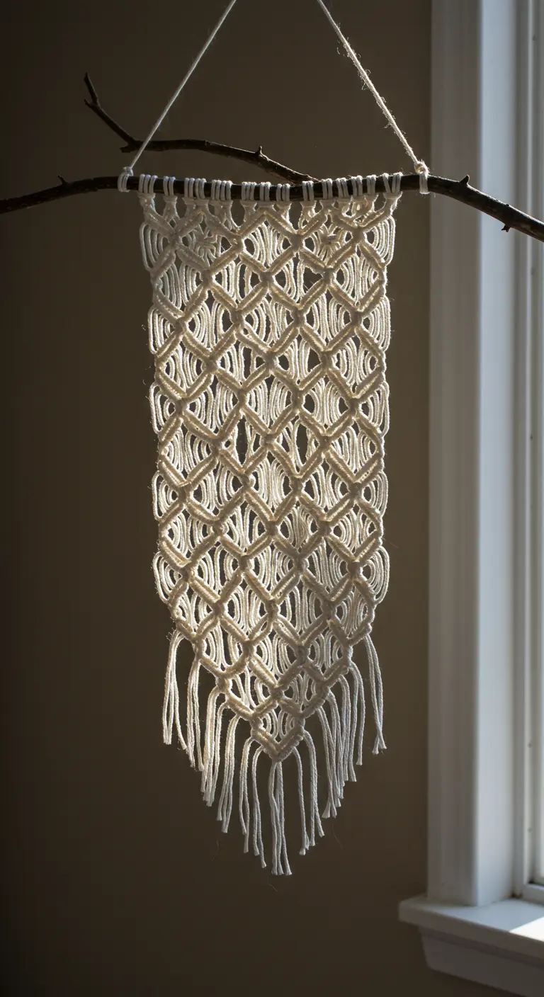 Pequeño tapiz de macramé con patrón de rombos, colgado de una rama de árbol natural.