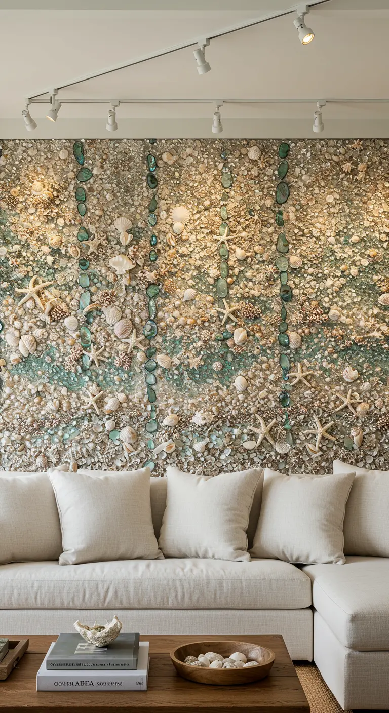 Pared de acento completamente cubierta con un mosaico de conchas marinas y cristales de mar.