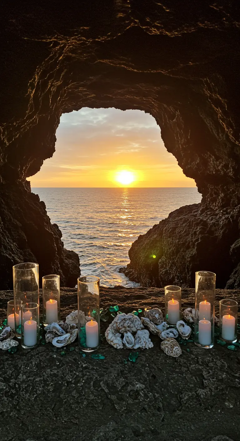 Altar de boda en una cueva con velas en cilindros de cristal y conchas, con vistas al atardecer en el mar.
