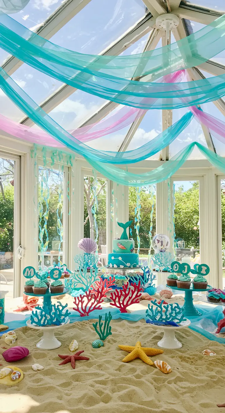 Mesa de postres temática de sirena con arena, corales, conchas y cupcakes color turquesa.