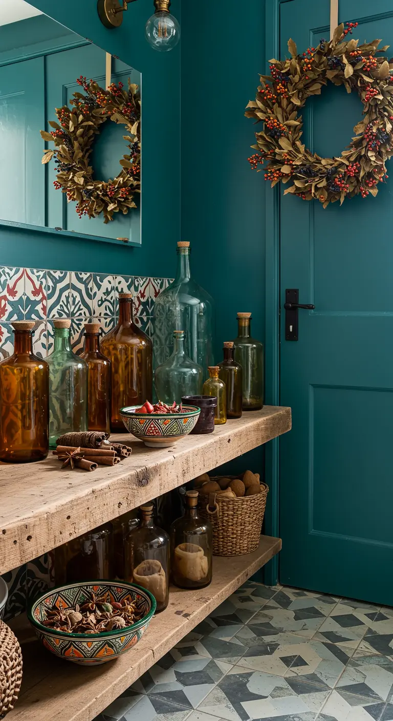 Baño de color azul verdoso con estantes de madera llenos de botellas de vidrio ámbar.