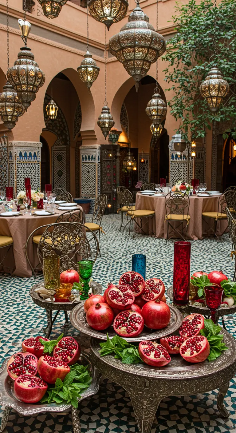 Patio marroquí con mesas decoradas con granadas frescas en bandejas de plata ornamentadas.