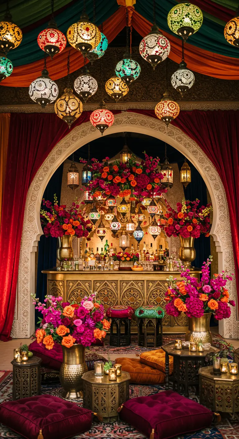 Opulenta barra de estilo marroquí bajo un arco, rodeada de lámparas de mosaico de colores y flores vibrantes.
