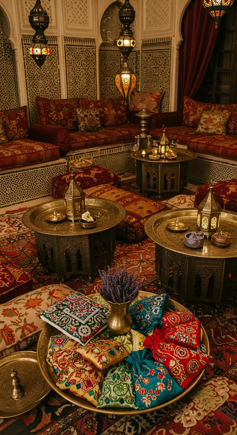 Bandeja de latón con bolsitas de lavanda de colores vibrantes en un ambiente marroquí.